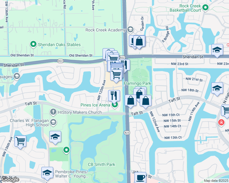 map of restaurants, bars, coffee shops, grocery stores, and more near 12444 Northwest 18th Court in Pembroke Pines