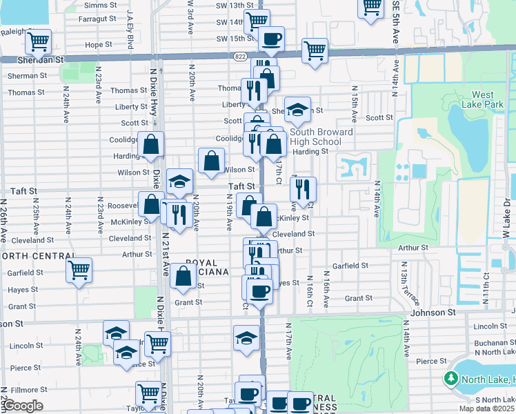map of restaurants, bars, coffee shops, grocery stores, and more near 1530 North Federal Hwy in Hollywood