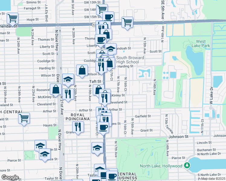map of restaurants, bars, coffee shops, grocery stores, and more near 1720 Roosevelt Street in Hollywood