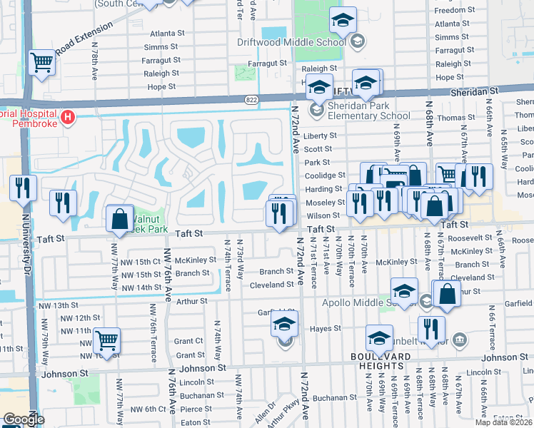 map of restaurants, bars, coffee shops, grocery stores, and more near 7311 Northwest 17th Court in Hollywood