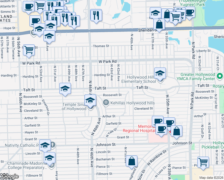 map of restaurants, bars, coffee shops, grocery stores, and more near 4300 Taft Street in Hollywood