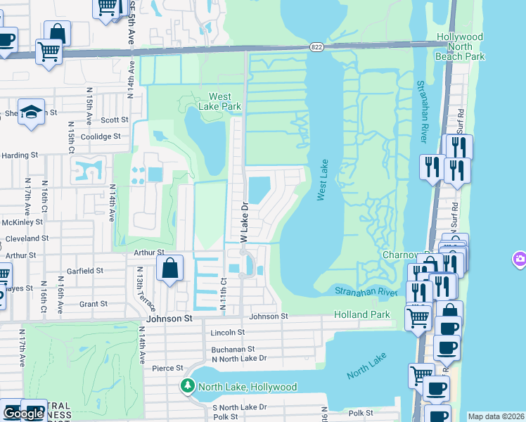 map of restaurants, bars, coffee shops, grocery stores, and more near 1521 Seagrape Way in Hollywood