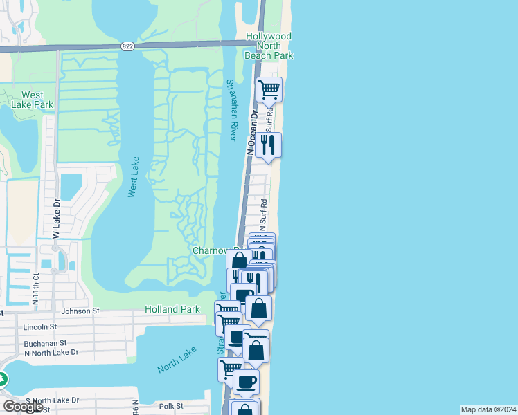 map of restaurants, bars, coffee shops, grocery stores, and more near 2115 North Surf Road in Hollywood