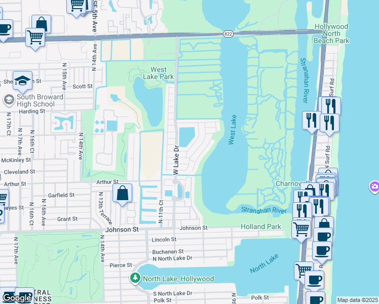 map of restaurants, bars, coffee shops, grocery stores, and more near 1521 Seagrape Way in Hollywood