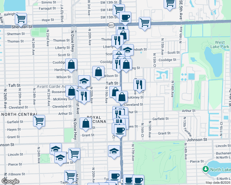 map of restaurants, bars, coffee shops, grocery stores, and more near 1530 North Federal Hwy in Hollywood