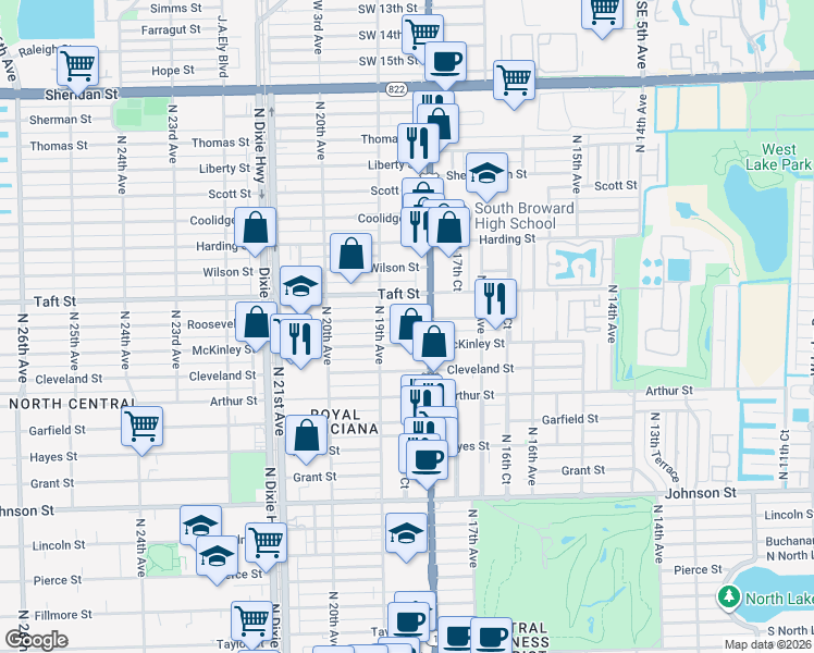 map of restaurants, bars, coffee shops, grocery stores, and more near 1530 North Federal Hwy in Hollywood