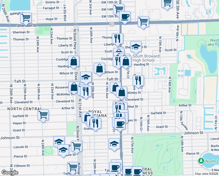 map of restaurants, bars, coffee shops, grocery stores, and more near 1840 Roosevelt Street in Hollywood