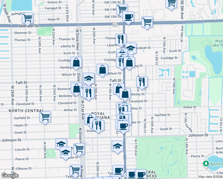 map of restaurants, bars, coffee shops, grocery stores, and more near 1840 Roosevelt Street in Hollywood