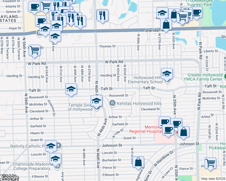 map of restaurants, bars, coffee shops, grocery stores, and more near 4304 Taft Street in Hollywood