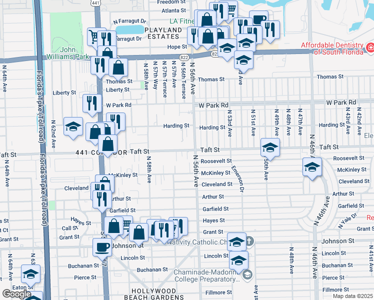 map of restaurants, bars, coffee shops, grocery stores, and more near 5602 Taft Street in Hollywood