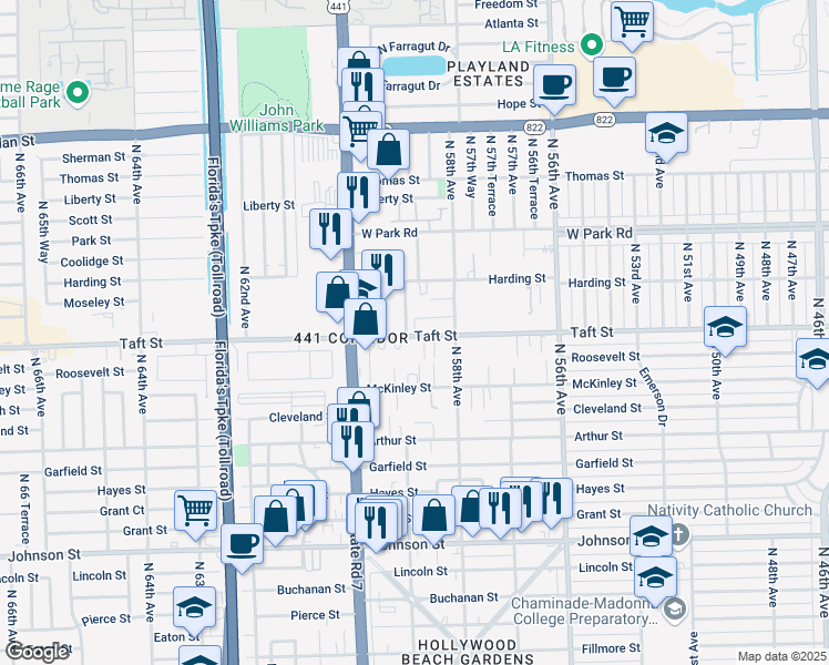 map of restaurants, bars, coffee shops, grocery stores, and more near 5815 Taft Street in Hollywood