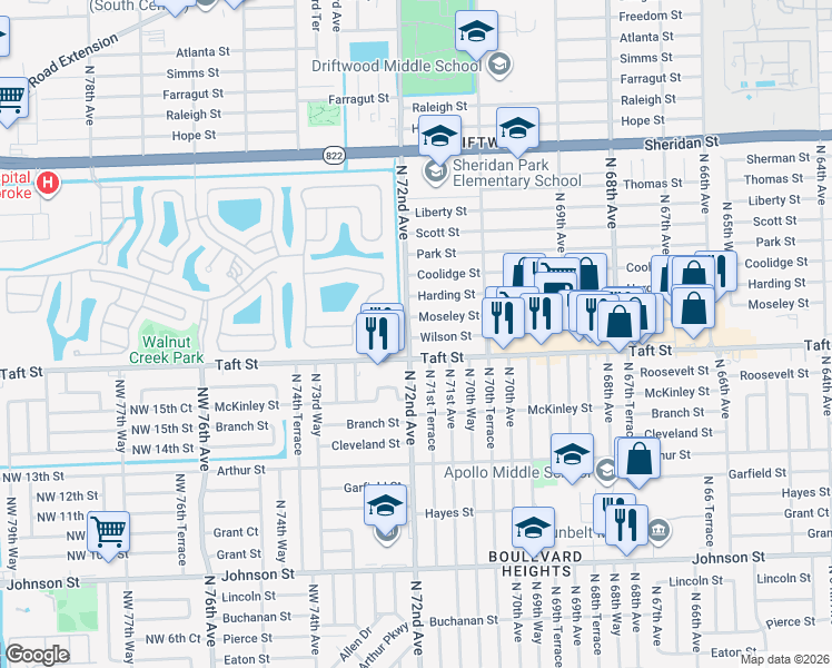 map of restaurants, bars, coffee shops, grocery stores, and more near 7181 Wilson Street in Hollywood