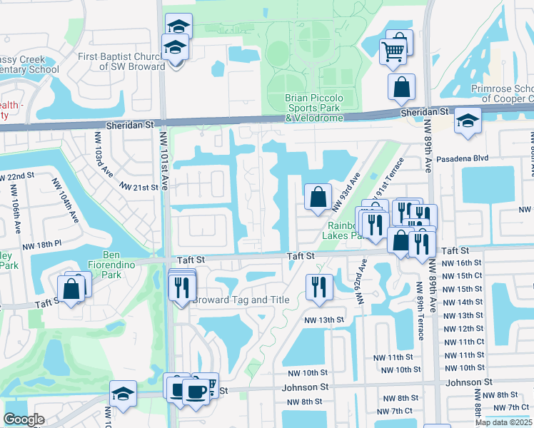 map of restaurants, bars, coffee shops, grocery stores, and more near 1851 Northwest 96th Terrace in Pembroke Pines