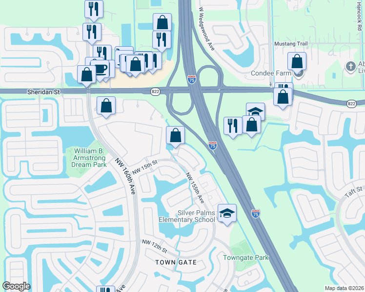 map of restaurants, bars, coffee shops, grocery stores, and more near 15343 Northwest 14th Road in Pembroke Pines