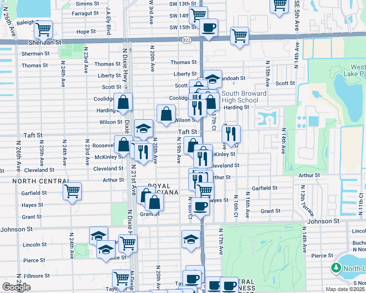 map of restaurants, bars, coffee shops, grocery stores, and more near 1840 Roosevelt Street in Hollywood