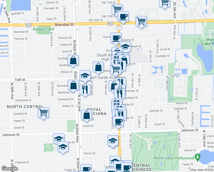 map of restaurants, bars, coffee shops, grocery stores, and more near 1840 Roosevelt Street in Hollywood