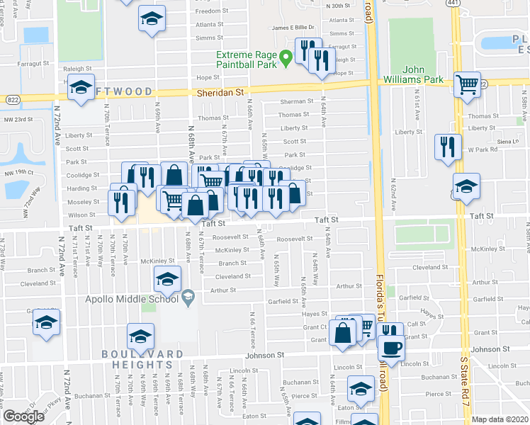 map of restaurants, bars, coffee shops, grocery stores, and more near 6565 Taft Street in Hollywood
