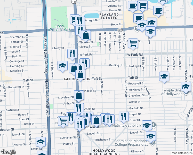 map of restaurants, bars, coffee shops, grocery stores, and more near 5815 Taft Street in Hollywood