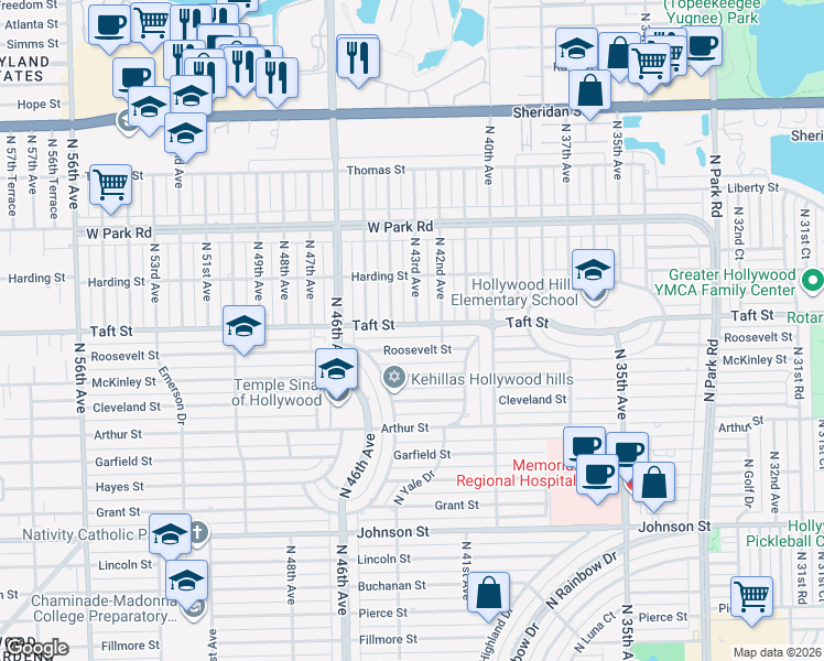 map of restaurants, bars, coffee shops, grocery stores, and more near 4304 Taft Street in Hollywood