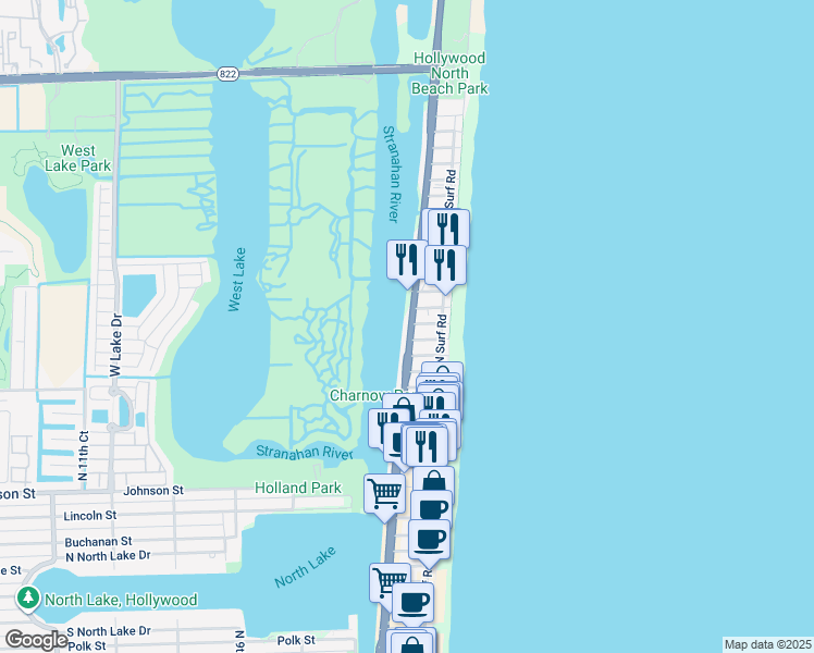 map of restaurants, bars, coffee shops, grocery stores, and more near 2118 North Ocean Drive in Hollywood