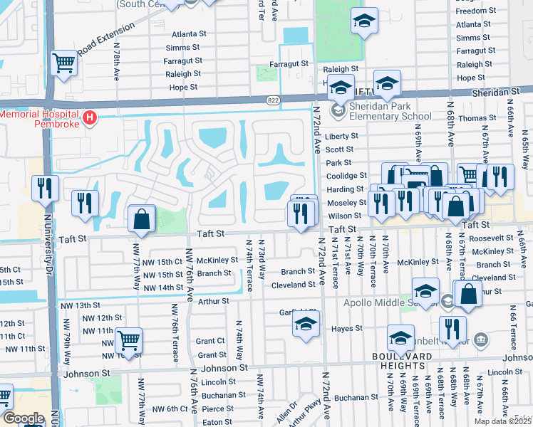 map of restaurants, bars, coffee shops, grocery stores, and more near 7362 Northwest 18th Court in Hollywood