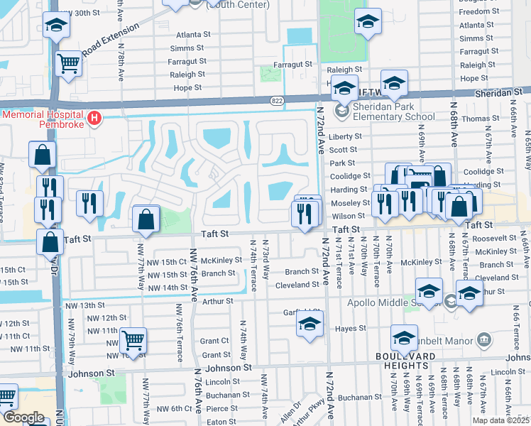 map of restaurants, bars, coffee shops, grocery stores, and more near 1778 Northwest 74th Avenue in Hollywood