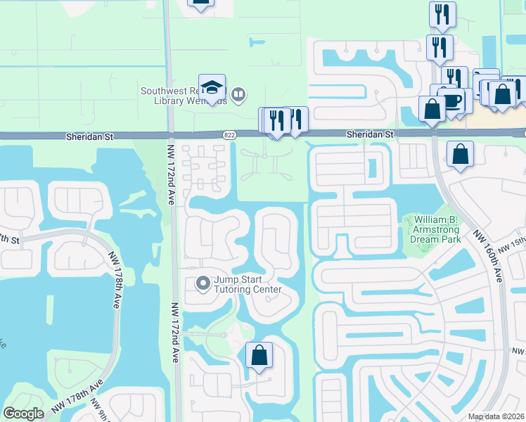 map of restaurants, bars, coffee shops, grocery stores, and more near 16797 Northwest 20th Street in Pembroke Pines