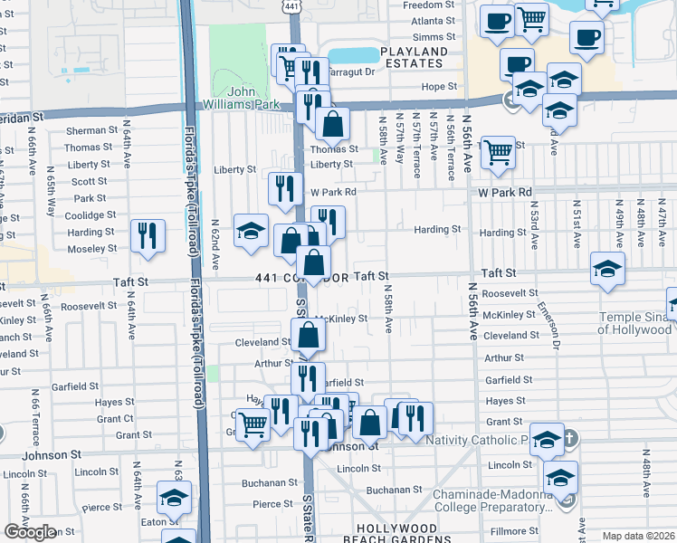 map of restaurants, bars, coffee shops, grocery stores, and more near 5909 Taft Street in Hollywood