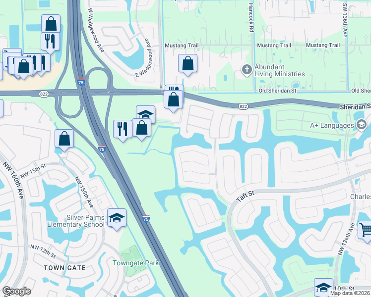 map of restaurants, bars, coffee shops, grocery stores, and more near 14279 Northwest 19th Street in Pembroke Pines