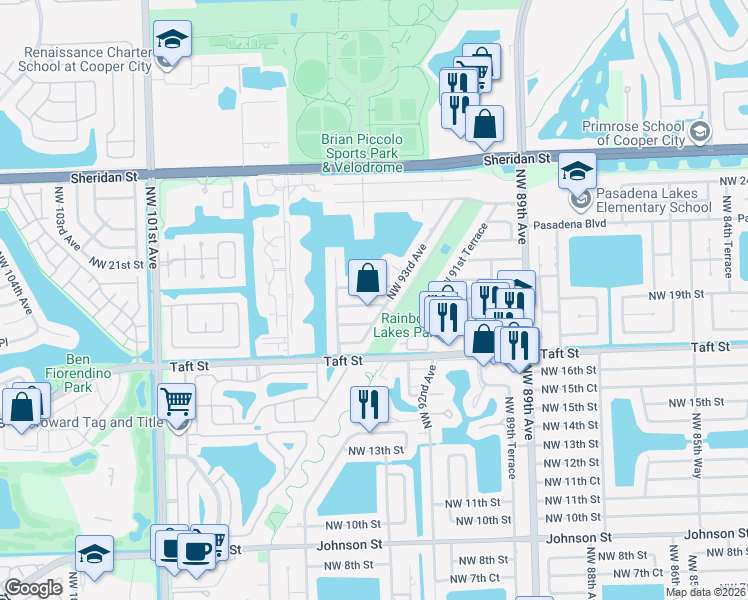 map of restaurants, bars, coffee shops, grocery stores, and more near 9341 Northwest 19th Street in Pembroke Pines