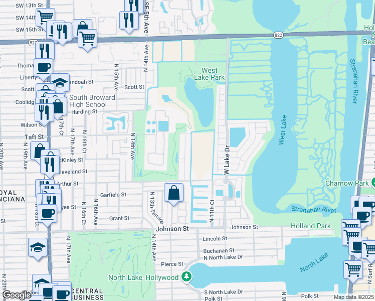 map of restaurants, bars, coffee shops, grocery stores, and more near 1455 North 12th Court in Hollywood