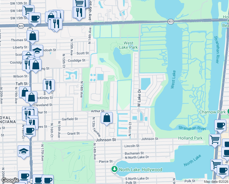 map of restaurants, bars, coffee shops, grocery stores, and more near 1455 North 12th Court in Hollywood