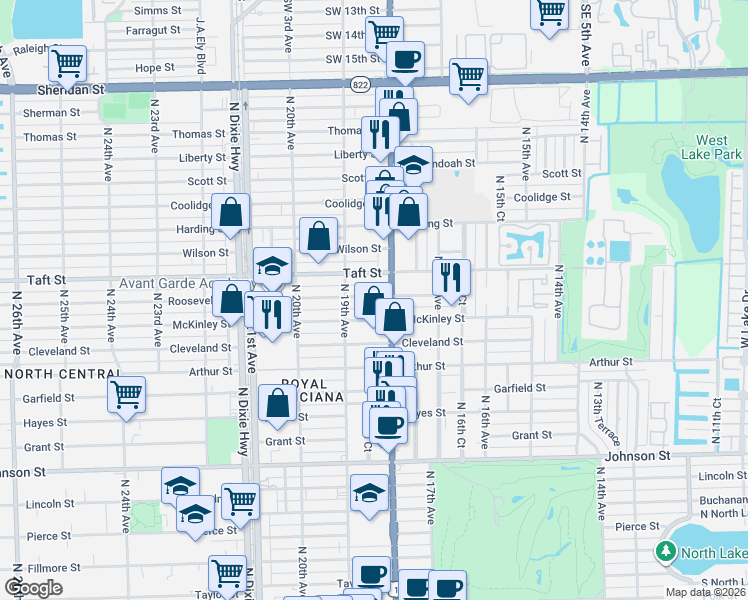 map of restaurants, bars, coffee shops, grocery stores, and more near 1530 North Federal Hwy in Hollywood