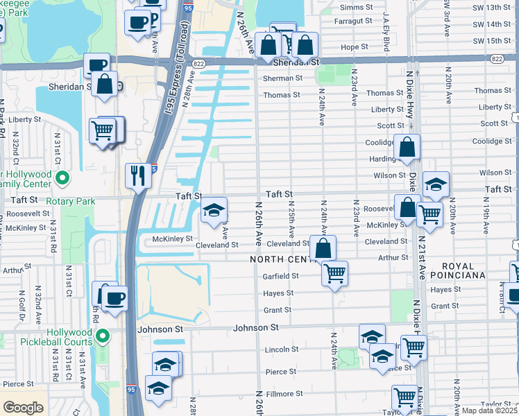 map of restaurants, bars, coffee shops, grocery stores, and more near 2620 Roosevelt Street in Hollywood