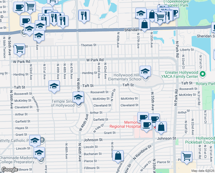 map of restaurants, bars, coffee shops, grocery stores, and more near 4110 Taft Street in Hollywood