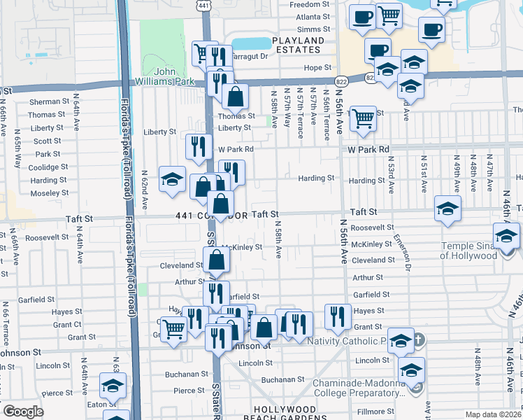 map of restaurants, bars, coffee shops, grocery stores, and more near 5815 Taft Street in Hollywood