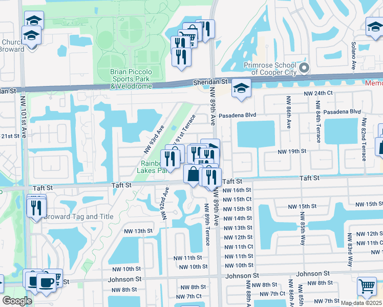 map of restaurants, bars, coffee shops, grocery stores, and more near 9020 Northwest 19th Street in Pembroke Pines