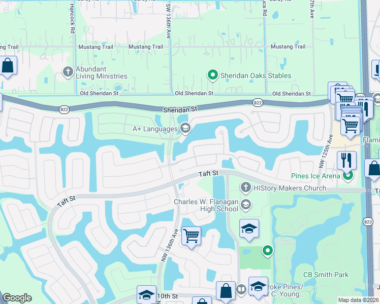 map of restaurants, bars, coffee shops, grocery stores, and more near 13293 Northwest 18th Court in Pembroke Pines