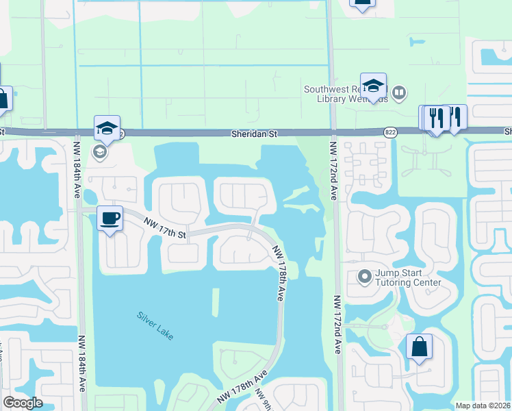 map of restaurants, bars, coffee shops, grocery stores, and more near 17801 Northwest 19th Street in Pembroke Pines