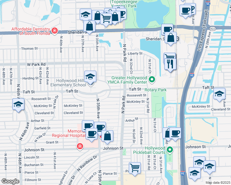 map of restaurants, bars, coffee shops, grocery stores, and more near 3322 Taft Street in Hollywood