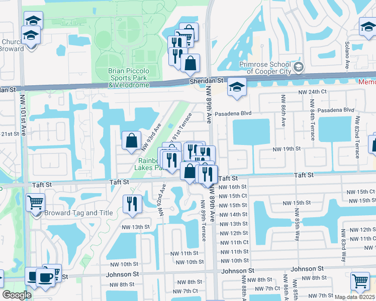 map of restaurants, bars, coffee shops, grocery stores, and more near 9020 Northwest 19th Street in Pembroke Pines