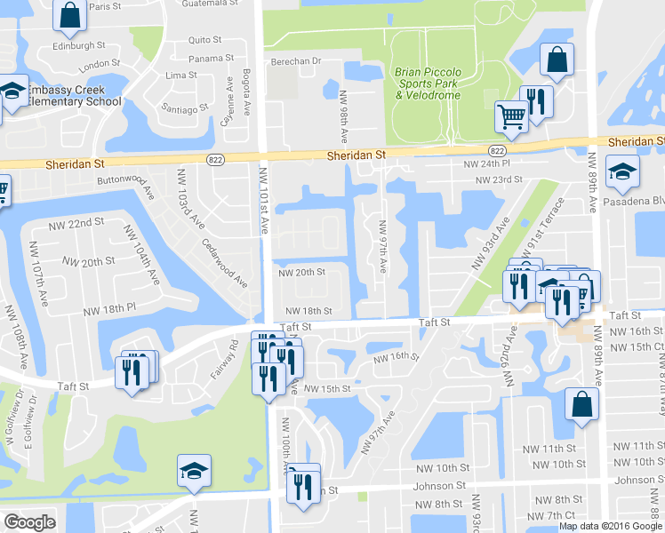 map of restaurants, bars, coffee shops, grocery stores, and more near 9805 Northwest 20th Street in Hollywood