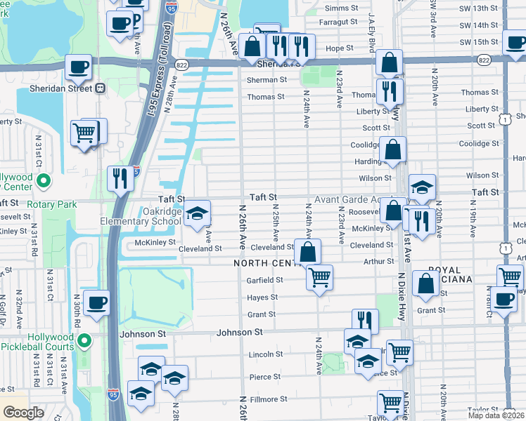 map of restaurants, bars, coffee shops, grocery stores, and more near 2515 Roosevelt Street in Hollywood