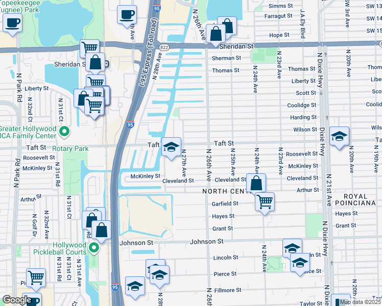 map of restaurants, bars, coffee shops, grocery stores, and more near 2700 Roosevelt Street in Hollywood