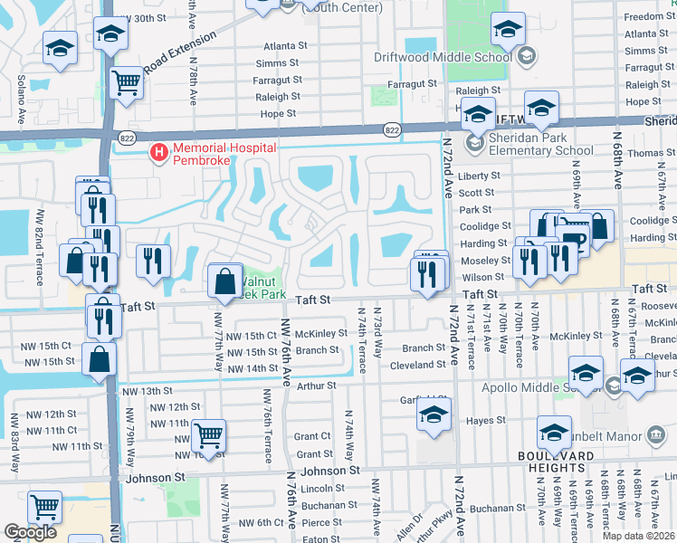 map of restaurants, bars, coffee shops, grocery stores, and more near 7476 Northwest 18th Drive in Hollywood