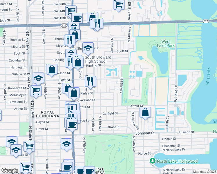 map of restaurants, bars, coffee shops, grocery stores, and more near 1529 Gabriel Street in Hollywood