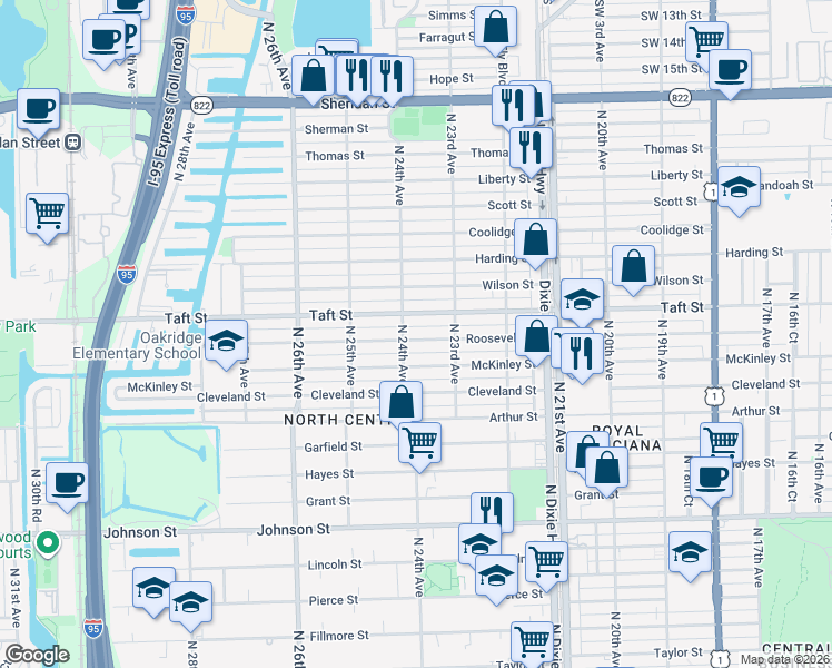 map of restaurants, bars, coffee shops, grocery stores, and more near 1522b North 24th Avenue in Hollywood