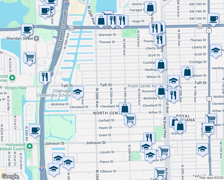 map of restaurants, bars, coffee shops, grocery stores, and more near 2443 Roosevelt Street in Hollywood