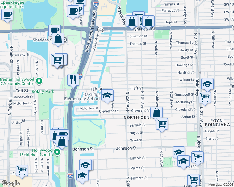 map of restaurants, bars, coffee shops, grocery stores, and more near 2700 Roosevelt Street in Hollywood