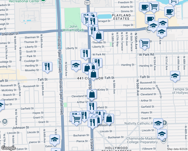 map of restaurants, bars, coffee shops, grocery stores, and more near in Hollywood